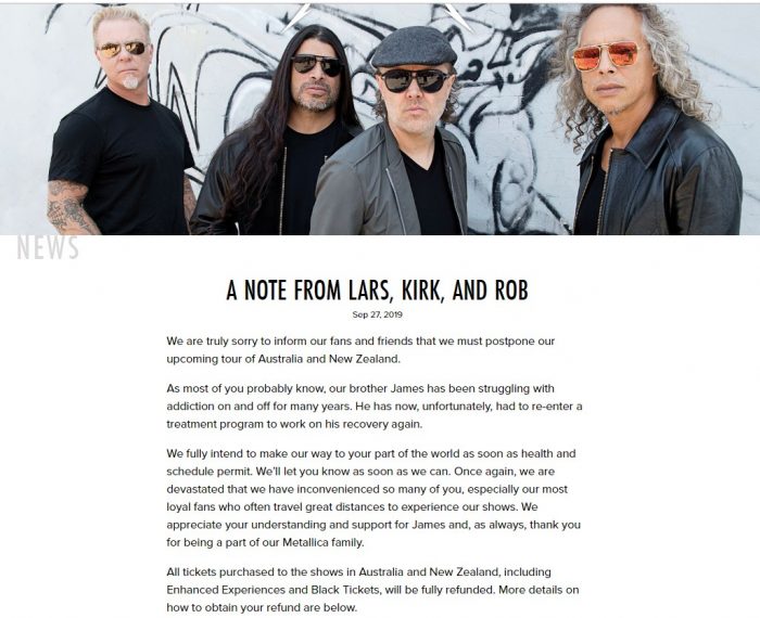 Lars, Kirk a Rob informujú o zrušení austrálskeho turné, kvôli Jamesovmu nástupu na odvykačku.